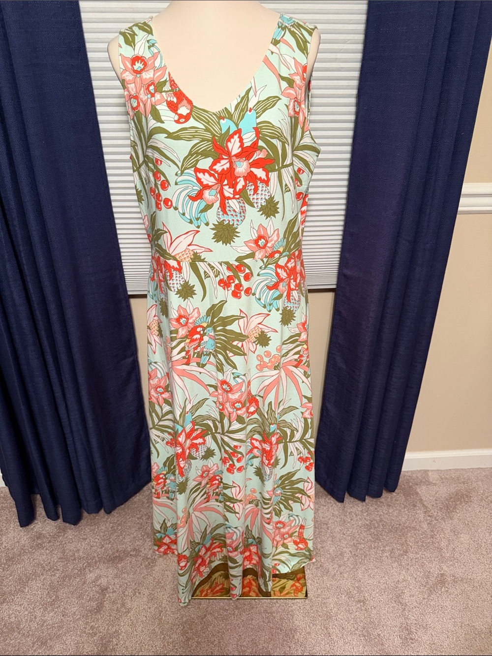 Talbots Mint Green Floral Maxi Dress with Coral and Olive Accents